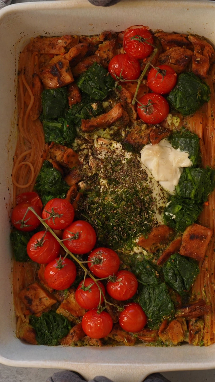 Dump & Bake High Protein Spinach & Tomato Spaghetti